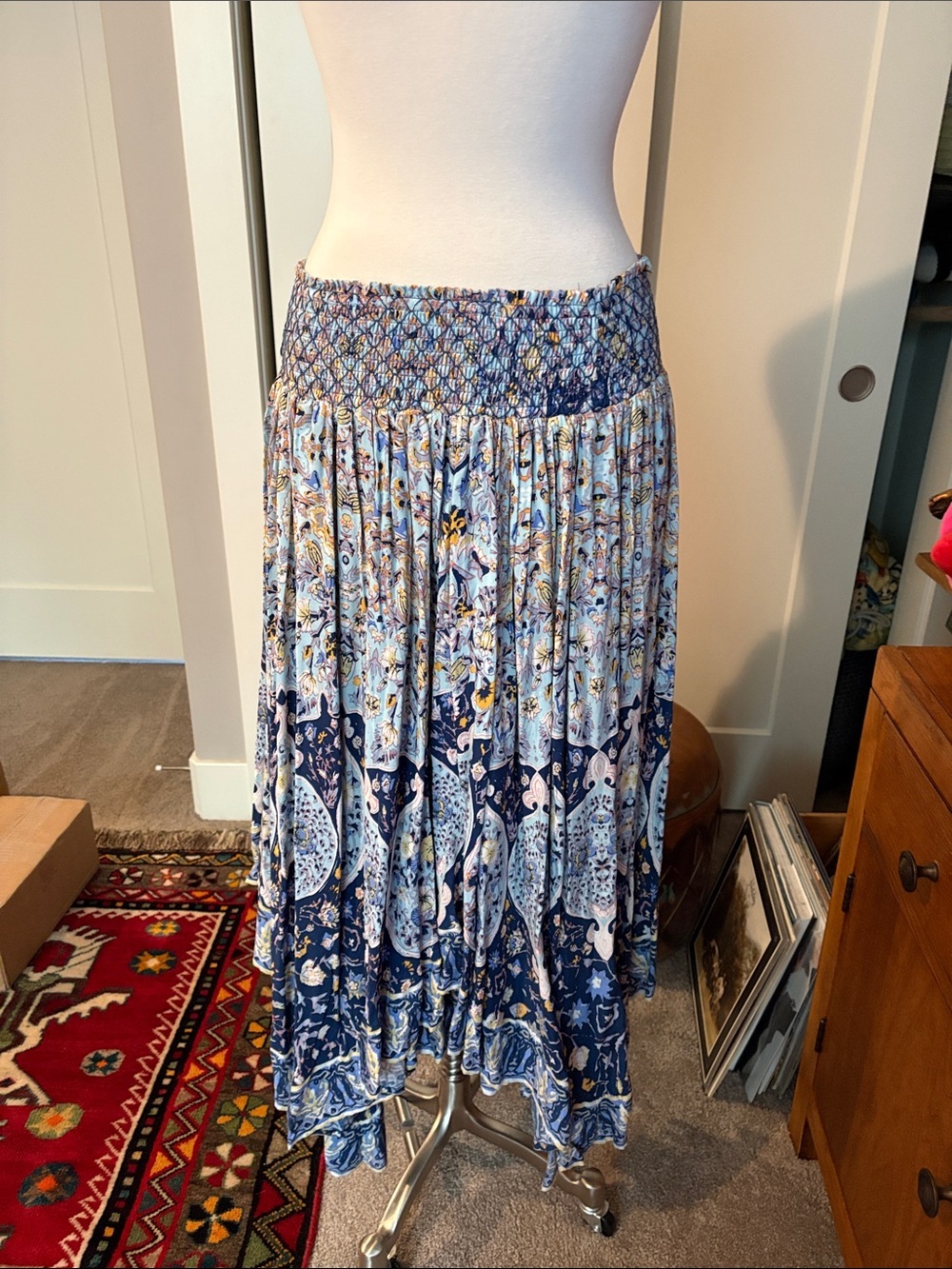 Free People Bohemian Blue Floral Tiered handkerchief hem Maxi Skirt. Lined Sz S